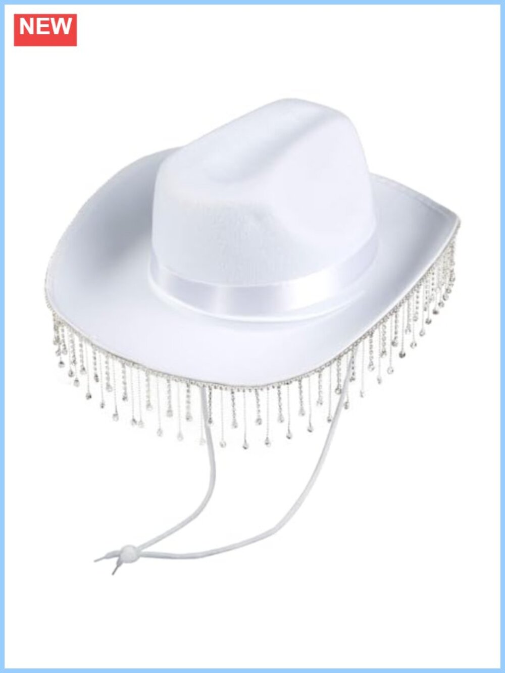 White Cowboy Hat Rhinestone Fringe Western Cowgirl Hat with Chin Cord